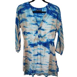 Gypsy Sand Blue Tie Dye Beach Pool Coverup Size Medium VNeck 3/4 Sleeve Notched